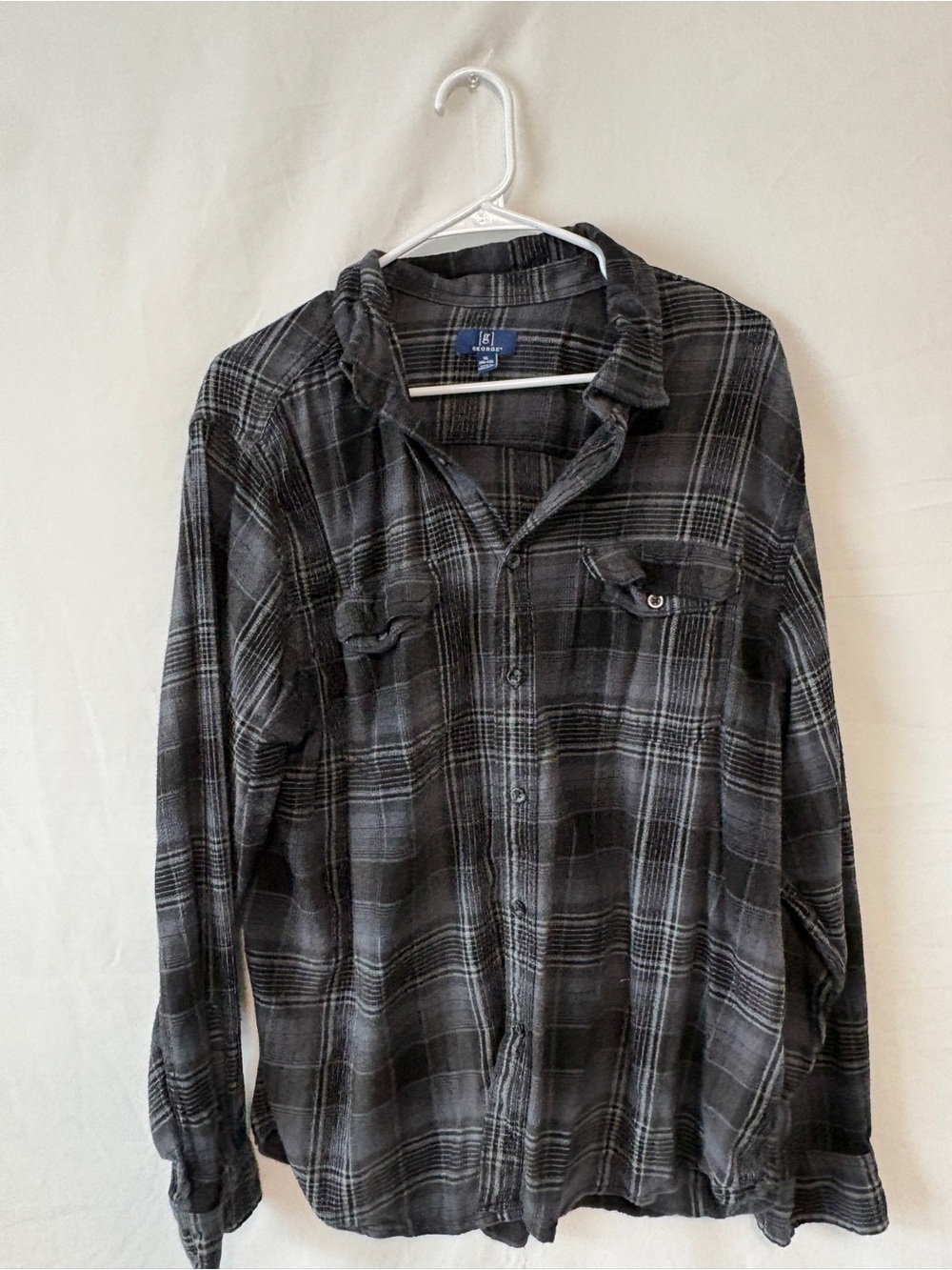George Black and Gray Plaid Flannel Button-Down Shirt